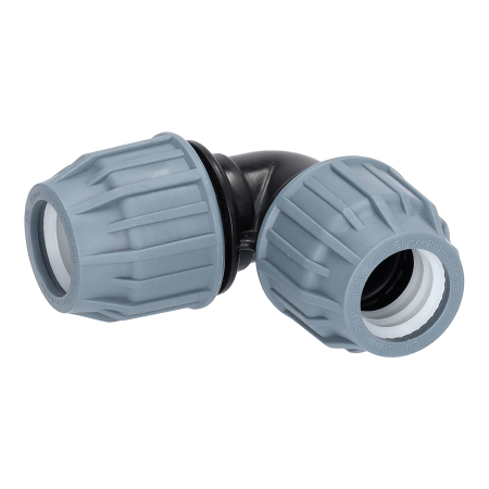 PP-Klemmkupplung mit schwarzem Fittingkörper und blauer Verschraubung vor weißem Hintergrund. Die Darstellung dient als neutrales Produktfoto und repräsentiert eine beliebige Ausführung der Klemmkupplungsserie.